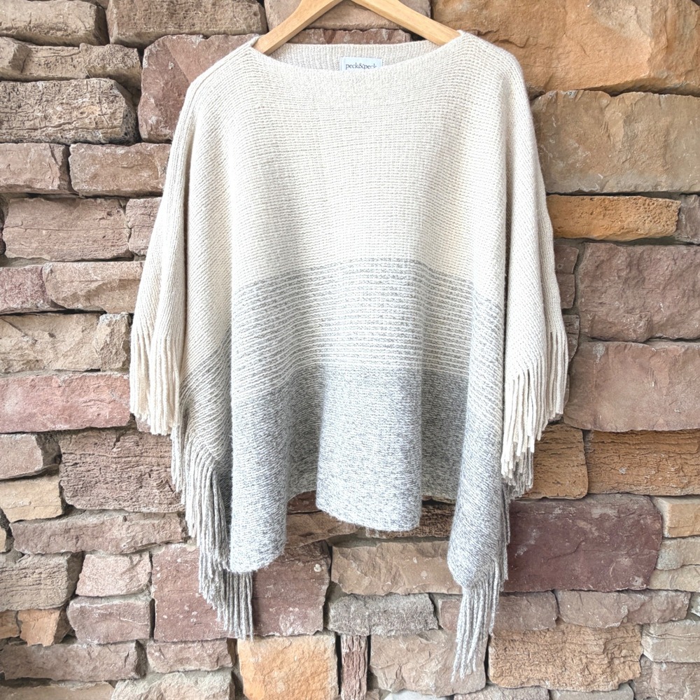 Peck & Peck Womens Large Fringe Poncho Sweater Metallic Shimmer Cream Grey Ombre